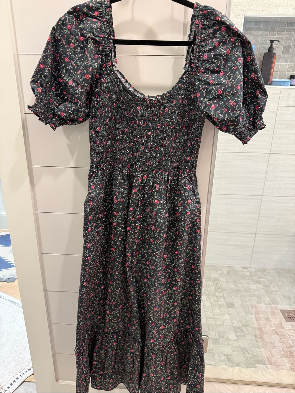EUC Hill House Black Floral Puff-Sleeve Smocked Midi Dress - Pink Floral